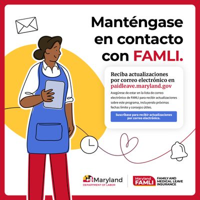 Manténgase en contacto con FAMLI. Suscríbete para recibir actualizaciones por correo electrónico. En la ilustración, una persona está llevando un delantal y sosteniendo una tabla para escribir.