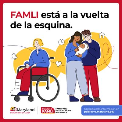 FAMLI está a la vuelta de la esquina. En la ilustración se muestra a una persona con un yeso en la pierna, sentada en una silla de ruedas, y al lado a una pareja con un bebé.