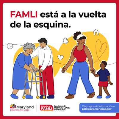FAMLI está a la vuelta de la esquina. En la ilustración muestra a una madre y su hijo tomados de la mano, están de pie junto a un hombre con su madre de edad avanzada.